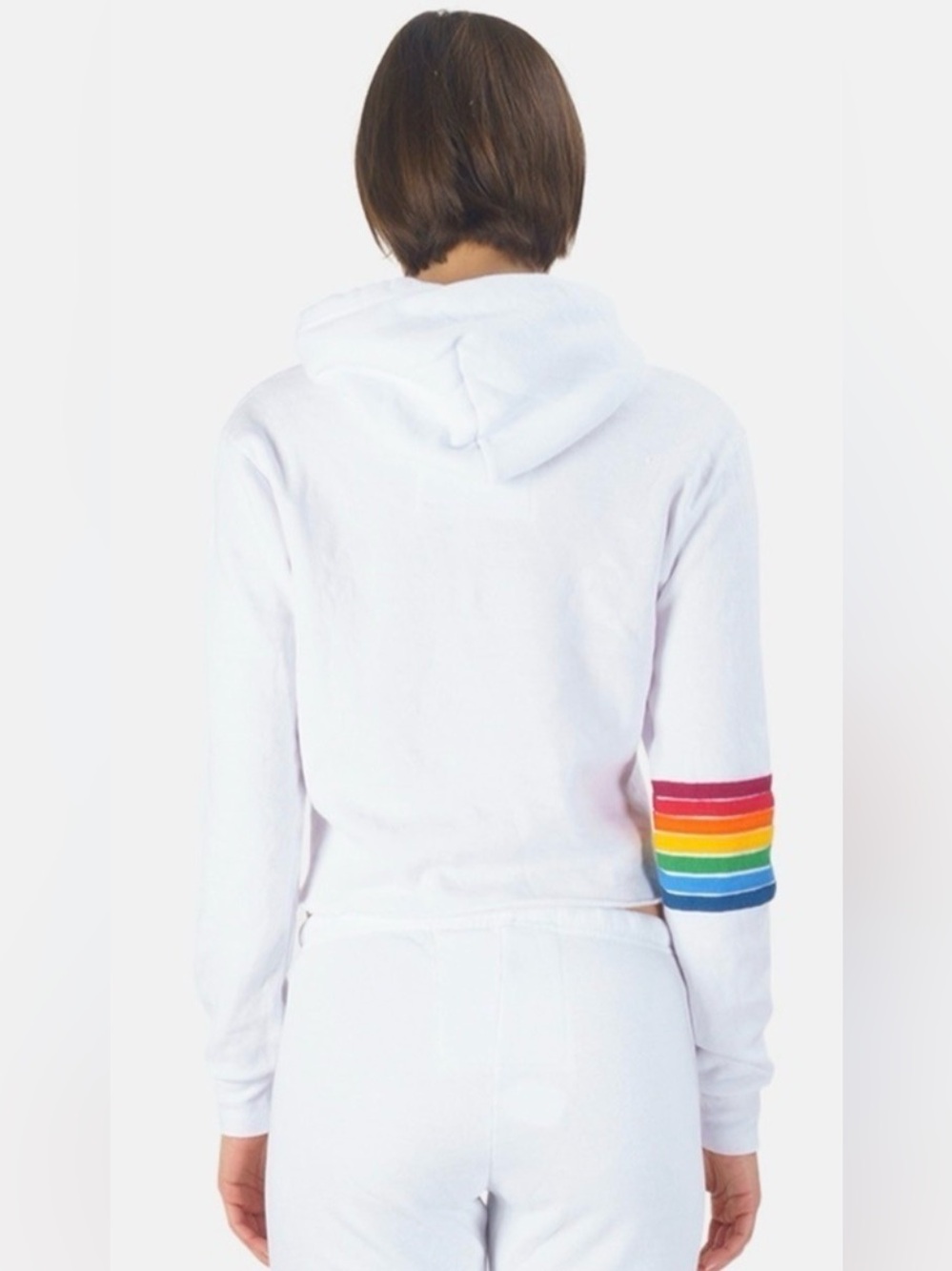🌈Aviator Nation White Cropped Rainbow Stripe Pullover Hoodie Size Medium - Picture 2 of 8